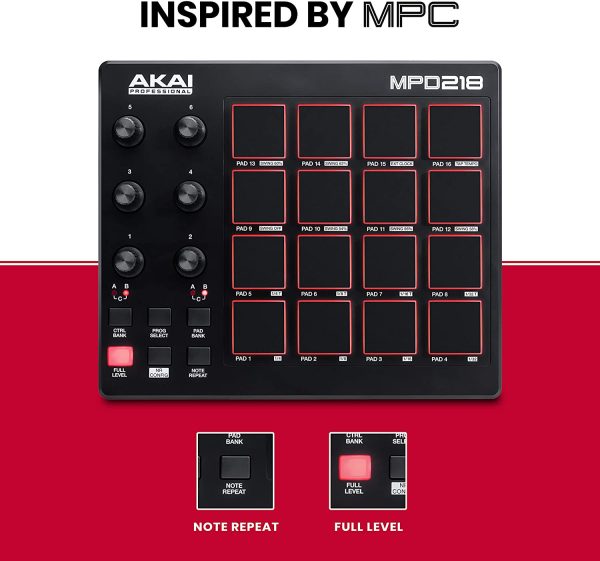 AKAI Professional MPD218 - USB MIDI Controller with 16 MPC Drum Pads, 6 Assignable Knobs, Note Repeat & Full Level Buttons and Production Software - Image 2