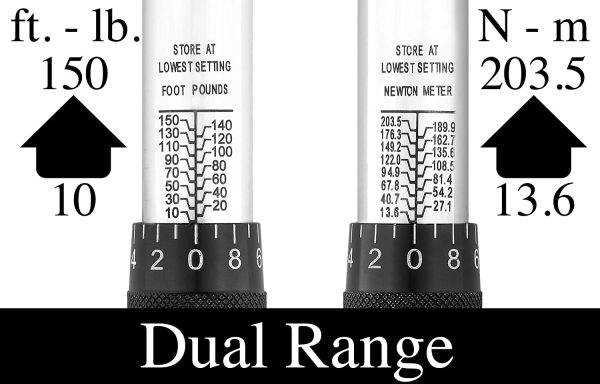 1/2-inch Drive Click Torque Wrench, 10~150 ft./lb, 13.6~203.5 N/m with 3/8" Drive Reducer