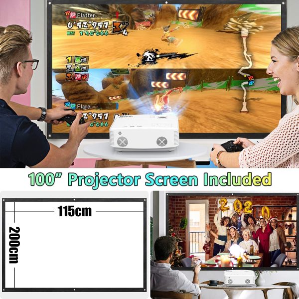 WiFi Projector, 7000 Lumen with 100 Inch Screen, 1080P Enhanced Portable Mini Projector Compatible with TV Stick Smartphone Tablet HDMI USB AV for Home Theater