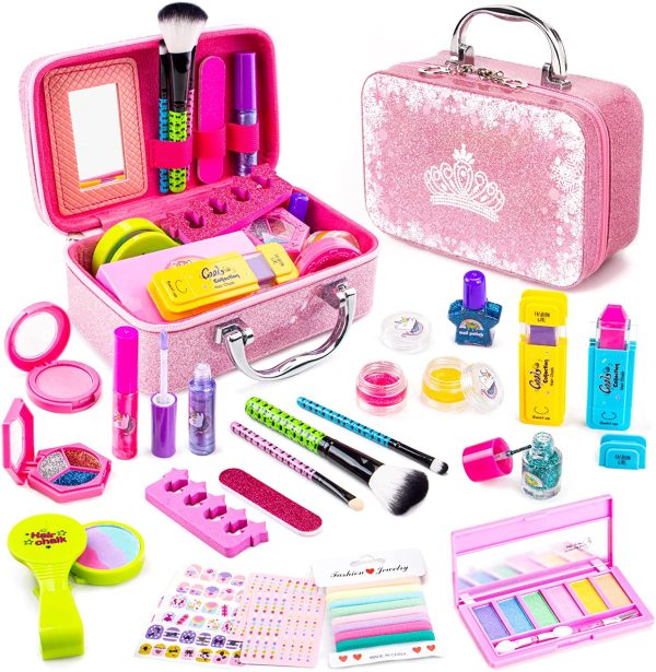 31Pcs Kids Makeup Kit for Girls- Washable Real Play Make Up Toys Set with Cosmetic Case & Color Hair Chalks Fit Little Girls Gift for Birthday, Halloween, Party - Image 3