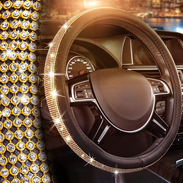 CAR PASS Glorious Rhinestones Leather Universal Steering Wheel Cover, Fit for Suvs,Vans,sedans,Cars,Trucks (Golden) - Image 4