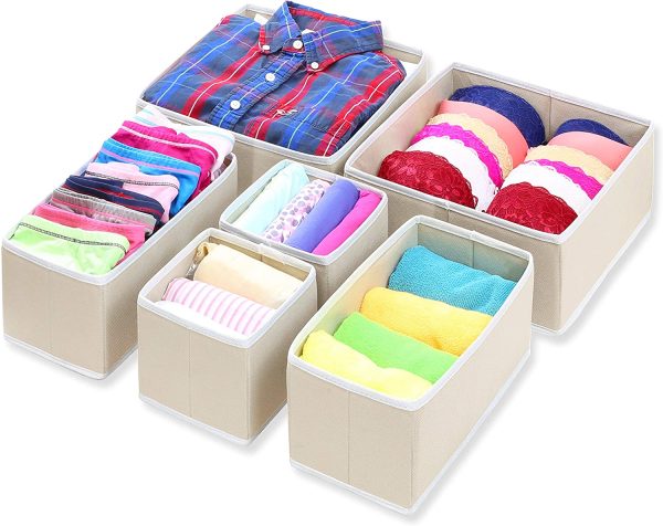 SimpleHouseware Foldable Cloth Storage Box Closet Dresser Drawer Divider Organizer Basket Bins for Underwear Bras, Beige (Set of 6) - Image 3