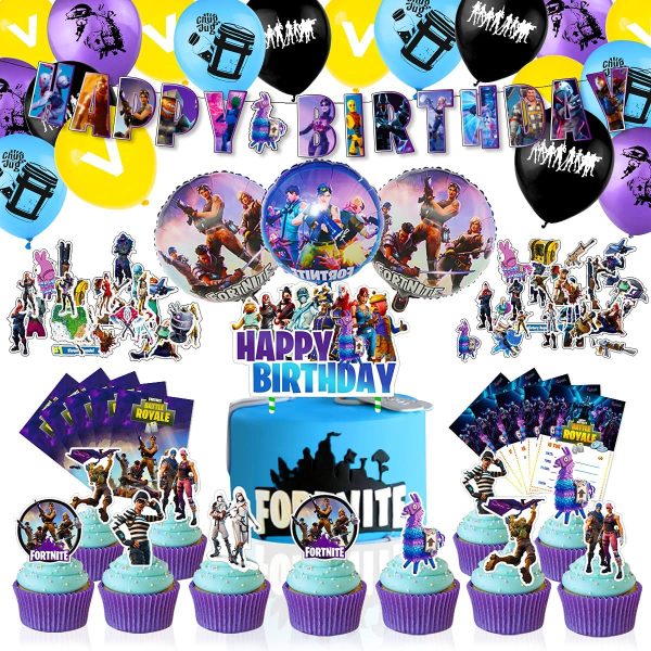 CANPA Video Game Party Supplies Birthday Party Decorations Set - PCS Include Happy Birthday Banner, Latex & Foil Balloons, Cake Topper, Cupcake Table Runner, Stickers and Invitations for Game Fans Boys Girls