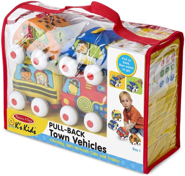 Melissa and Doug K's Kids Pull-Back Vehicle Set - Soft Baby Toy Set With 4 Cars and Trucks and Carrying Case