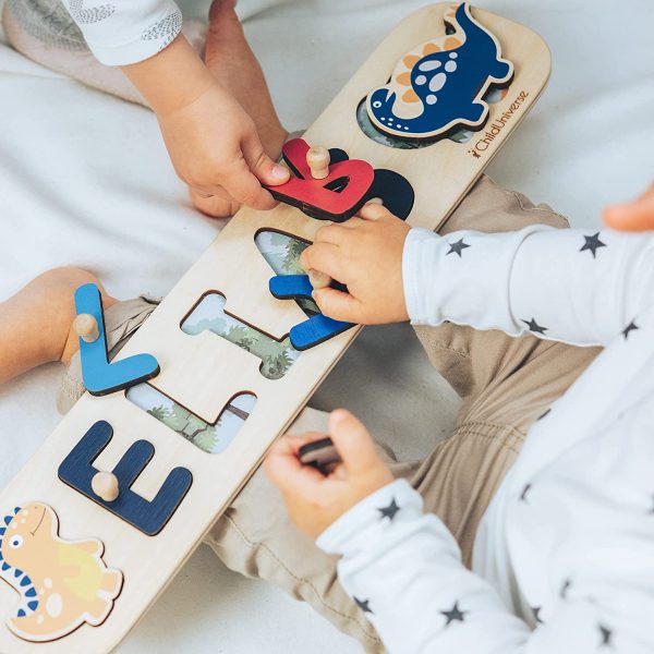 Baby Personalized Wood Name Puzzle With Custom Design - Toddler Name Puzzle For Girls & Boys - Montessori Toys Nursery D??cor - Name Sign 1st Birthday Gift for Baby (Blue, Boy Dino) - Image 2