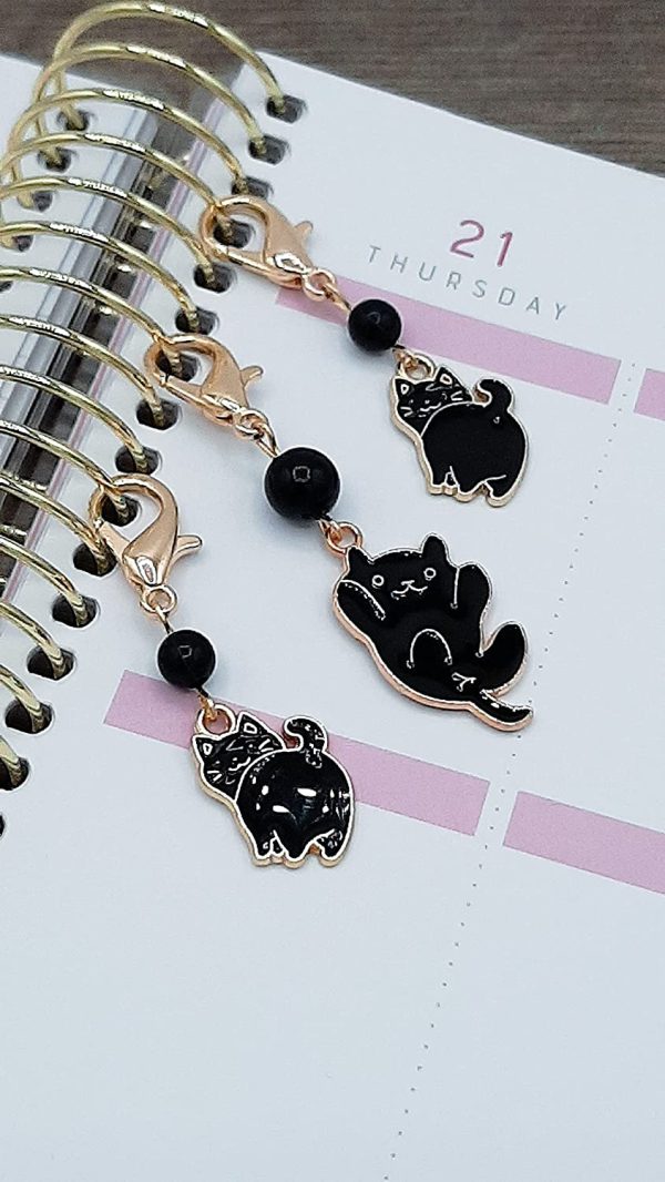 Set of 3 black cat charms with lobster clasps can be used as stitch markers for knitting and crochet, or can be used as functional zipper pulls or purse charms, or planner charms - Image 9