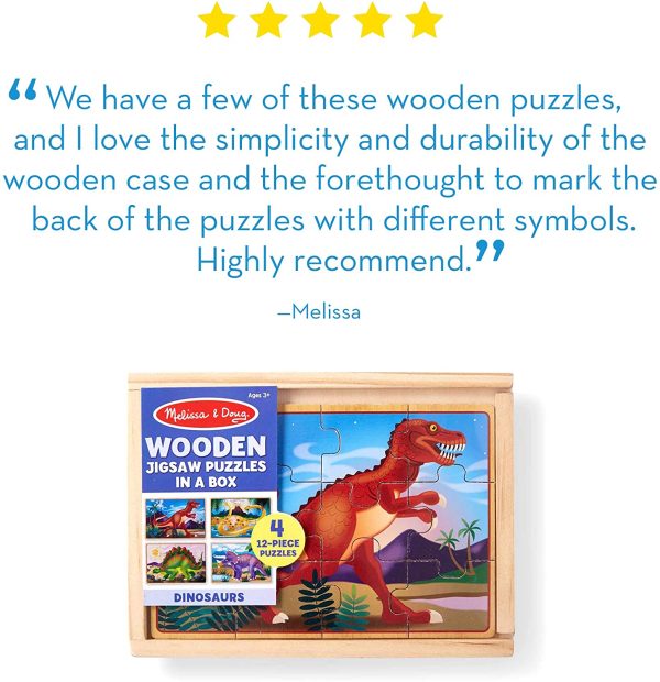 Melissa & Doug Dinosaur Jigsaw Puzzles in a Box, Four Wooden Puzzles, Beautiful Artwork, Sturdy Wooden Storage Box (12 Pieces) - Image 3