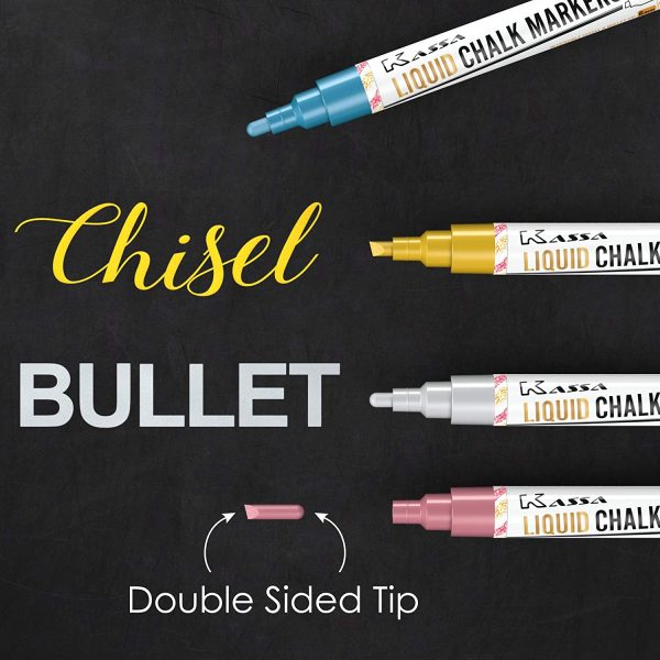 Liquid Chalk Markers (8 Pack) - Metallic Colors - Erasable Chalkboard Pens for Blackboard Glass Mirrors - Reversible Dual Tip - Image 4