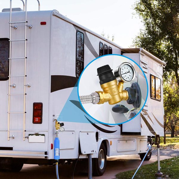 Kohree Handle Adjustable RV Water Pressure Regulator Valve, Upgrade Brass Lead-Free Water Pressure Reducer with Gauge 160PSI and 2 Inlet Screened Filters for RV Camper Travel Trailer Garden Plumbing System - Image 3