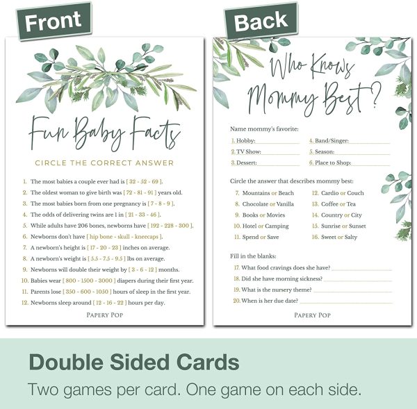 Baby Shower Games for Boy or Girl - Set of 4 Games for  Guests - Double Sided Cards - Floral Greenery Eucalyptus Flowers - Image 4