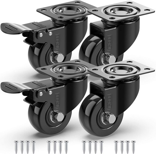 2" Heavy Duty Caster Wheels with 2 Brakes + Screws - up to 440Lbs - Set of 4 No Floor Marks Silent Castor for Furniture - Rubbered Dolly Swivel Wheels - Black Casters - Image 2