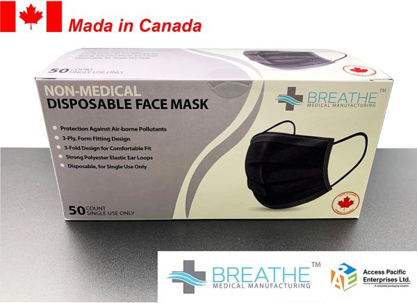 Non medical Disposable 3-ply Comfortable Ear Loop Face Masks (50pc) - Adult Size (Black)