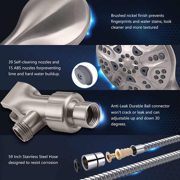 Shower Head, 6-Settings Shower Head with Hose Detachable Shower Head, 4.6" Brushed Nickel Shower Head High Pressure Handheld Shower Head with 1.5 Meter/59 Inch Long Removable Shower Head and Adjustable Brass Ball Joint Shower Bracket Bathroom Accessories for the Ultimate Shower Experience