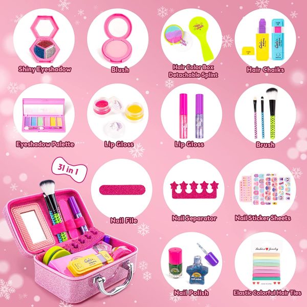 31Pcs Kids Makeup Kit for Girls- Washable Real Play Make Up Toys Set with Cosmetic Case & Color Hair Chalks Fit Little Girls Gift for Birthday, Halloween, Party - Image 2