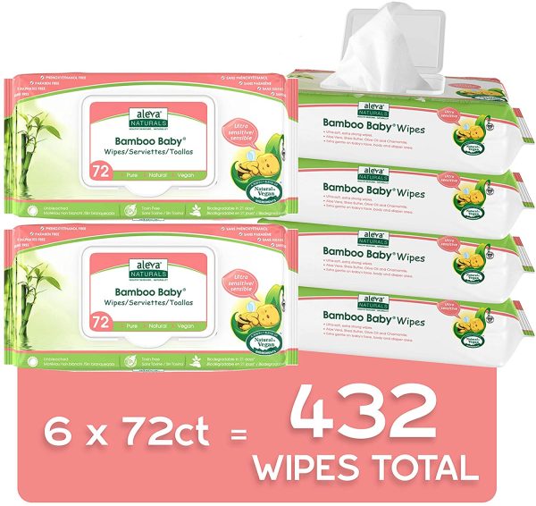 Aleva Naturals Bamboo Baby Sensitive Wipes- Natural and Organic Formula, Hypoallergenic, Biodegradable, Extra Strong and Ultra-Soft, Perfume Free Diaper Wipes - 72 Count X 6= 432 Wipes Total - Image 2