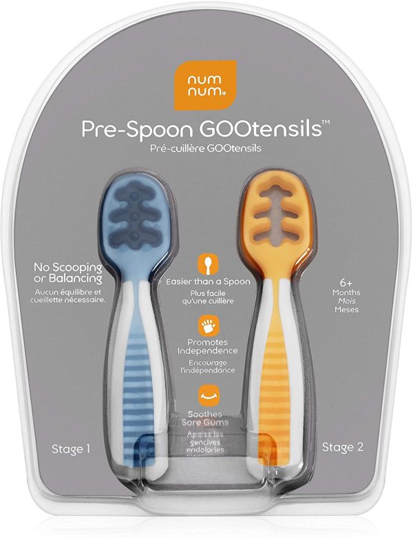 NumNum Pre-Spoon GOOtensils | Baby Spoon Set (Stage 1 + Stage 2) | BPA Free Silicone Self Feeding Toddler Utensils | for Kids Ages 6 Months+, 1-Pack, Two Spoons, Blue/Orange - Image 4