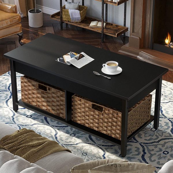 Rolanstar Coffee Table, Lift Top Coffee Table with Rattan Baskets and Hidden Compartment, Retro Central Table with Wooden Lift Tabletop and Metal Frame, for Living Room,Black - Image 5