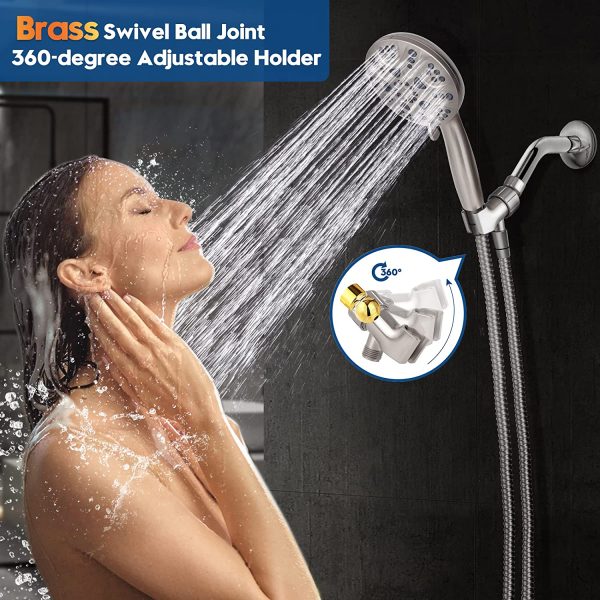 Shower Head, 6-Settings Shower Head with Hose Detachable Shower Head, 4.6" Brushed Nickel Shower Head High Pressure Handheld Shower Head with 1.5 Meter/59 Inch Long Removable Shower Head and Adjustable Brass Ball Joint Shower Bracket Bathroom Accessories for the Ultimate Shower Experience - Image 6