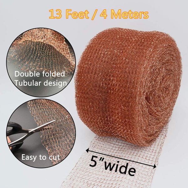 Copper Mesh,5" X 13 Feet,100% Pure Copper Mesh Roll Knit Copper Mesh,Gap Blocker for Building Hole,Protect Saplings&Seeds,Barbecue Grill Clean,Fill Fabric DIY(13ft/4m)