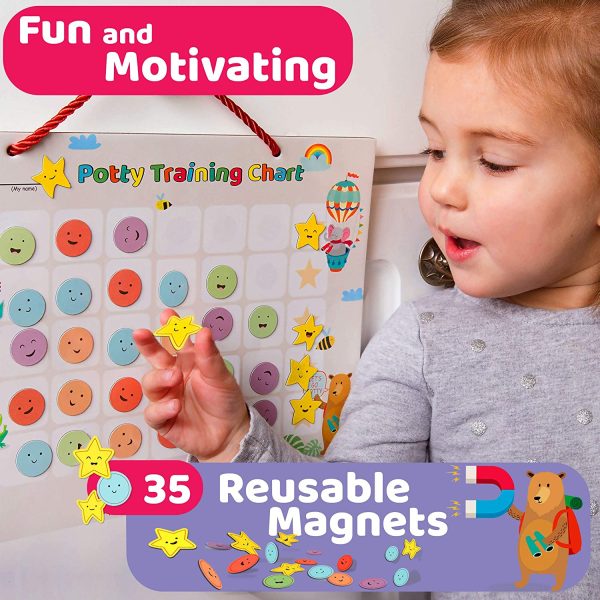 PutskA Potty-Training-Magnetic-Reward-Chart for Toddlers - Potty Chart with Multicolored Emoji & Star Stickers ?C Motivational Toilet Training for Boys & Girls (Animal Theme)