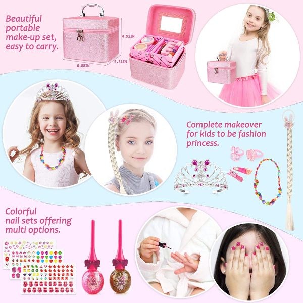 balnore 34 Pcs Kids Makeup Toys Real Girls Makeup Kit Washable Makeup Toy Set with Fashion Portable Makeup Box Including, Eye Shadows, Lipstick, Liquid Foundation, Nail Polish, Wig and Royal Crown - Image 6