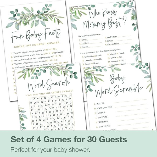 Baby Shower Games for Boy or Girl - Set of 4 Games for  Guests - Double Sided Cards - Floral Greenery Eucalyptus Flowers - Image 6