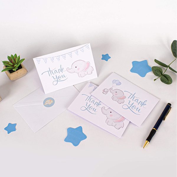 Baby Shower Thank You Cards Boy. 50 Elephant Blue Thank You Cards Baby Shower with Envelopes for Baby Thank You Notes - Blank Inside Baby Shower Card Pack with Sealing Stickers - Image 3