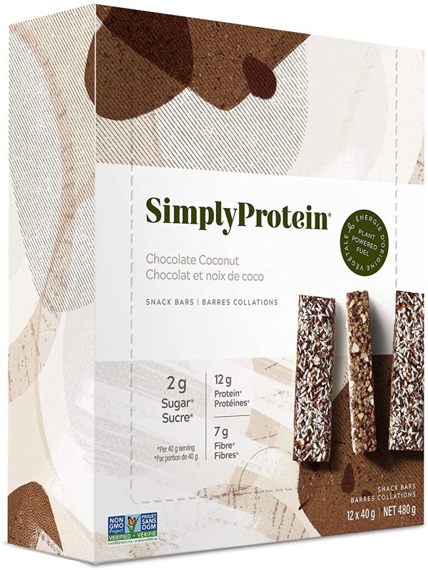 SimplyProtein Bar, Plant Based, Very High in Fibre, Gluten Free, 2 g Sugar, Plant Powered Fuel, Snack Bar - Chocolate Coconut, 12 Count