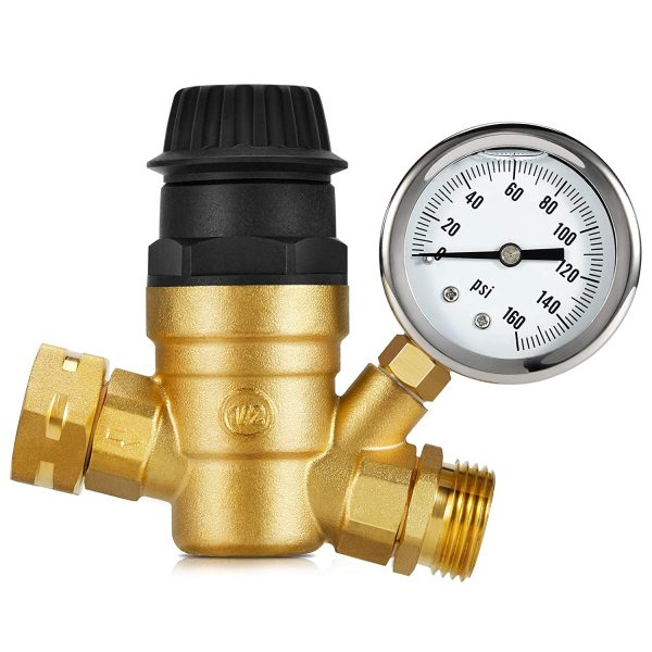 Kohree Handle Adjustable RV Water Pressure Regulator Valve, Upgrade Brass Lead-Free Water Pressure Reducer with Gauge 160PSI and 2 Inlet Screened Filters for RV Camper Travel Trailer Garden Plumbing System