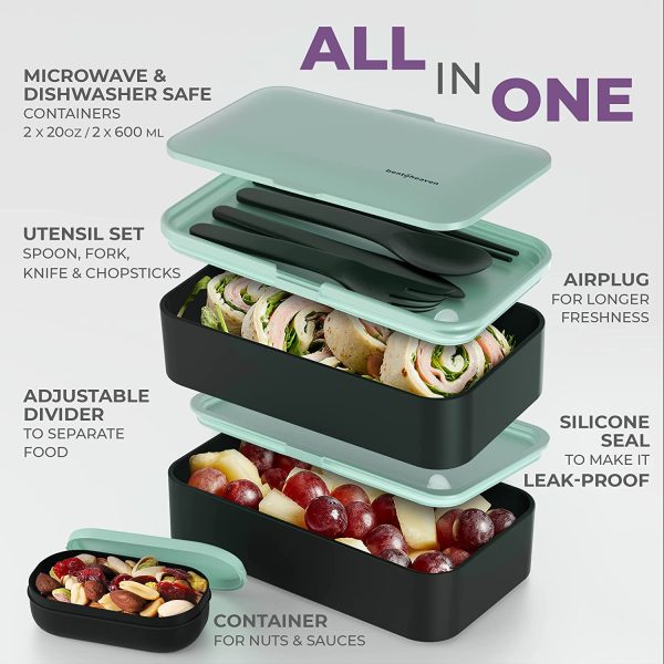 Premium Bento Lunch Box in 8 Modern Colors, 2 Compartments, Leak-Proof, Includes Sauce Container, Divider, Cutlery & Chopsticks, 40oz Japanese Bento Box for Adults & Kids, Microwave-& Dishwasher-Safe - Image 3