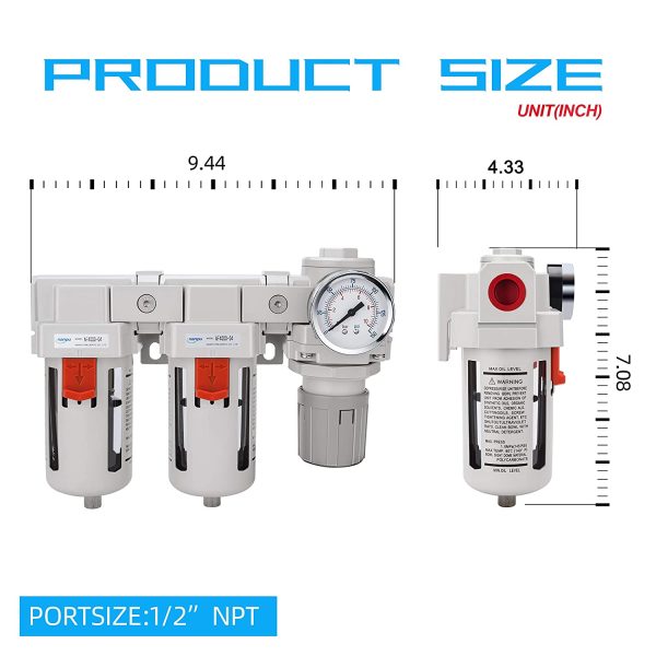 NANPU 1/2" NPT Air Drying System - Double Air Filters (5 Micron Brass Element), Air Pressure Regulator Combo - Semi-Auto Drain, Poly Bowl w/Metal Gauge