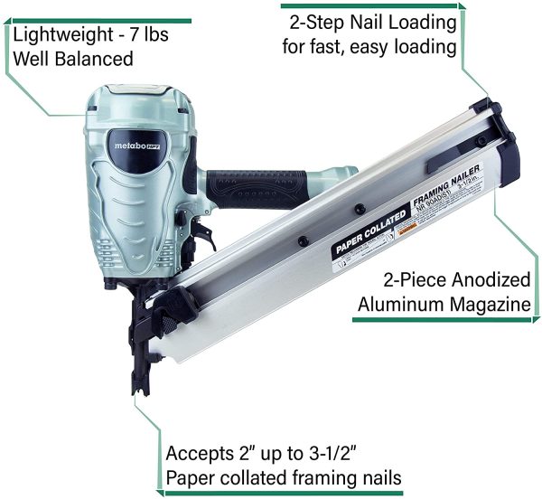 NR90ADS1 Pneumatic Framing Nailer, 2" Up to 3-1/2" Paper Collated Nails .113 - .148, Tool-Less Depth Adjustment, 30 Degree Magazine, Selective Actuation Switch - Image 6