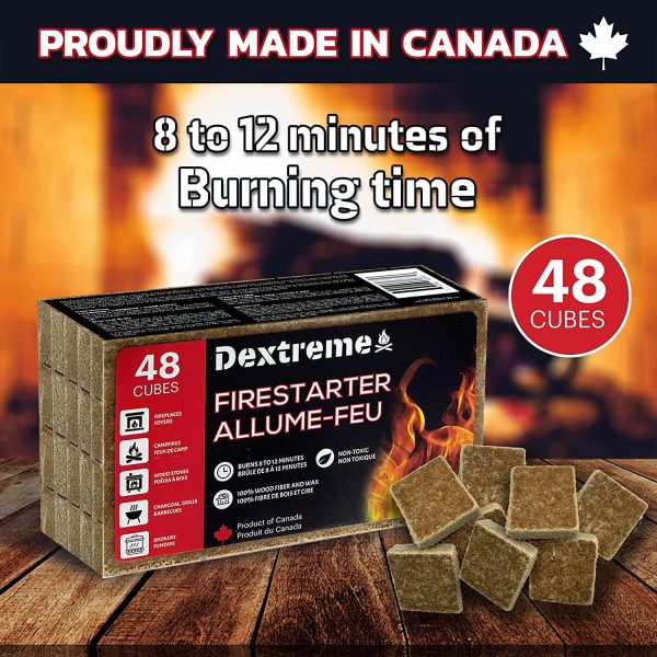 Dextreme Natural Fire Starter, Pack of 48 Cubes, Perfect for BBQ, Campfires, Charcoal, Wood Stoves , Grill Pit, Fireplace, Camping, and Smokers - Eco-Friendly, Easy to Ignite, Non-Toxic, Waterproof, Made in Canada from Wood Fiber and Wax - Image 4