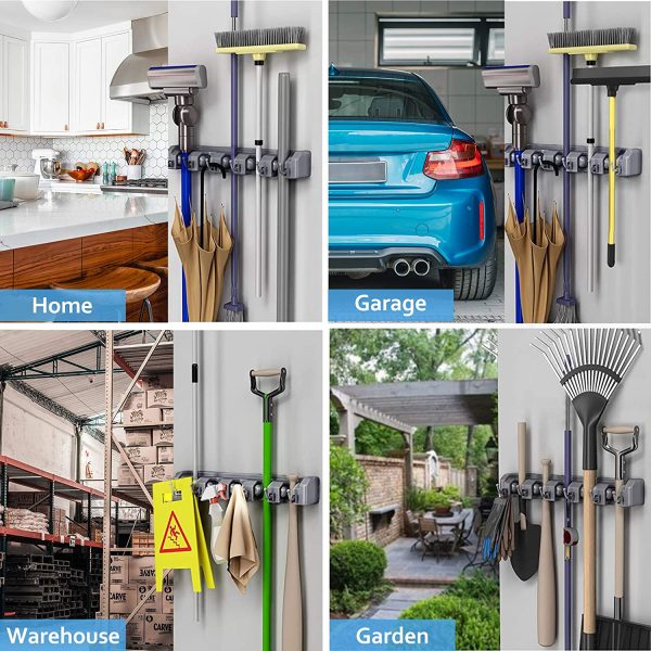 Mop and Broom Holder, Wall Mounted Home Tool Organizer, Broom Hanger Rack- Ideal for Kitchen, Garage, Garden, Laundry, Bathroom (5 Position 6 Hooks)Broom Holder, Wall Mounted Home Tool Organizer, Broom Hanger Rack- Ideal for Kitchen - Image 5