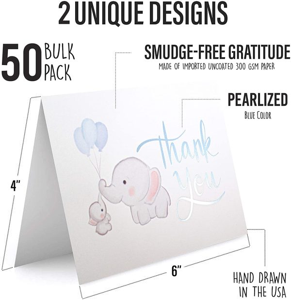 Baby Shower Thank You Cards Boy. 50 Elephant Blue Thank You Cards Baby Shower with Envelopes for Baby Thank You Notes - Blank Inside Baby Shower Card Pack with Sealing Stickers - Image 7