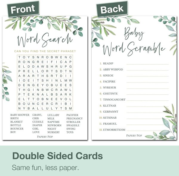 Baby Shower Games for Boy or Girl - Set of 4 Games for  Guests - Double Sided Cards - Floral Greenery Eucalyptus Flowers