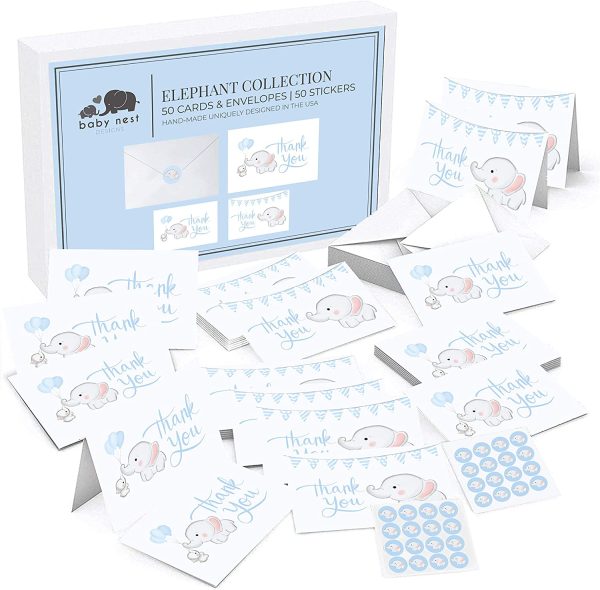 Baby Shower Thank You Cards Boy. 50 Elephant Blue Thank You Cards Baby Shower with Envelopes for Baby Thank You Notes - Blank Inside Baby Shower Card Pack with Sealing Stickers - Image 8