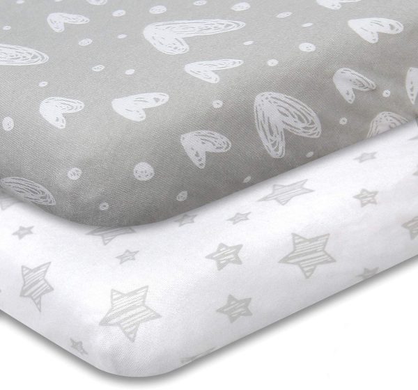 Pack n Play Sheet/Mini Crib Sheets Fitted 2 Pack, Baby Printed 100% Natural Cotton Jersey Knit Fitted Pack N Play Playard 39" x 27", Double Grey Stars, Soft Breathable, for Boys and Girls, Preshrunk