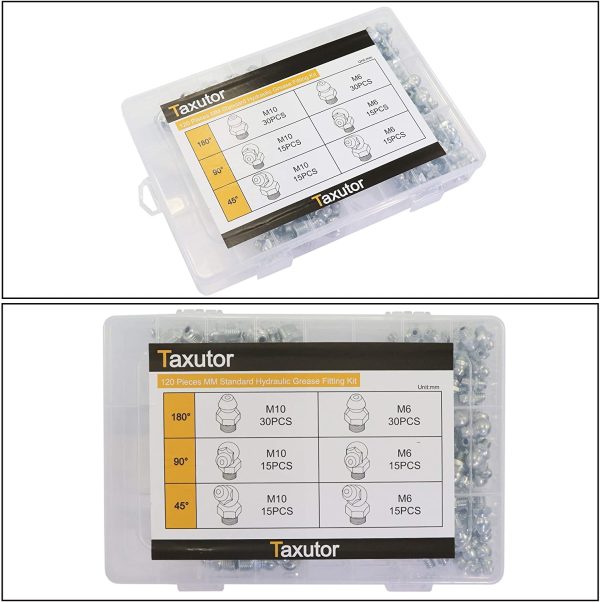 120-Pieces MM Metric Hydraulic Grease Fitting Assortment Set - M6 M10 Straight, 45-Degree, 90-Degree Angled Zerk - Image 2