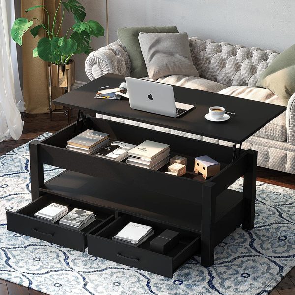 Rolanstar Coffee Table, Lift Top Coffee Table with Drawers and Hidden Compartment, Retro Central Table with Wooden Lift Tabletop, for Living Room,Black - Image 2