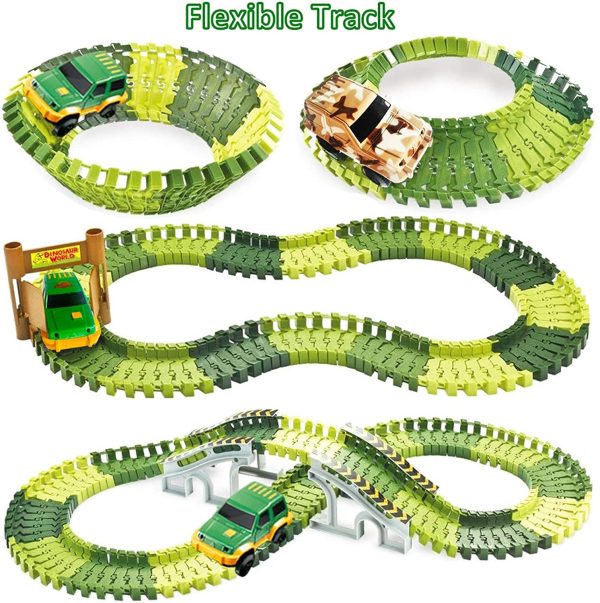 WTOR Toys 221Pcs Dinosaur Toys Race Track Car Boys Toys Set with Dinosaur Race Cars Bridge for Kids Boys Girls Aged 3 4 5 6 7 8 Christmas Birthday Gifts