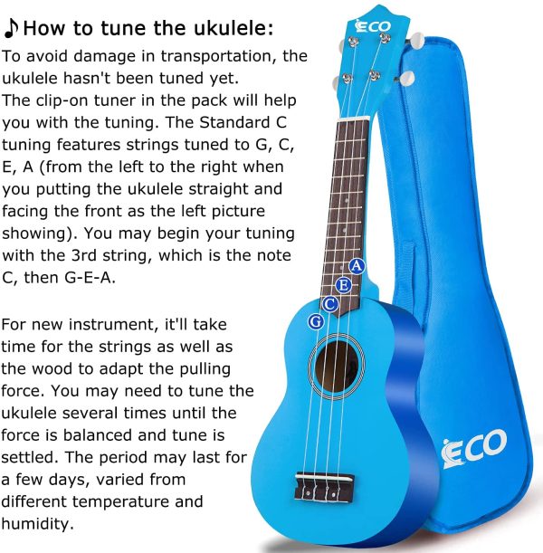 Soprano Ukulele Beginner Kit for Adult Kids 21 Inch Ukelele w/Songbook, Case, Strap, Tuner, Strings, Picks - Blue - Image 2