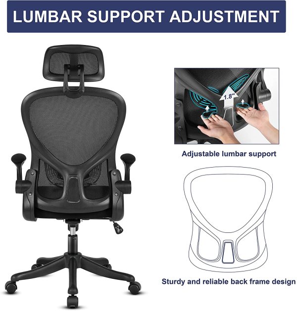 Desk Chair, Home Office Chair, Task Chair, Mesh Computer Chair, Office Chair with Headrest, Ergonomic Chair with Adjustable Lumbar Support and Flip-up Armrest for Work or Study (Black) - Image 5