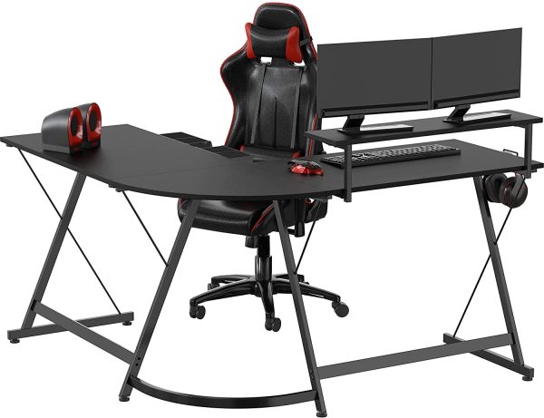 Computer Gaming L-shaped Desk with Monitor Stand for Home Office, Black