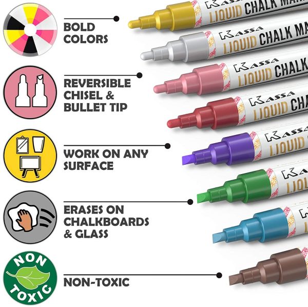 Liquid Chalk Markers (8 Pack) - Metallic Colors - Erasable Chalkboard Pens for Blackboard Glass Mirrors - Reversible Dual Tip