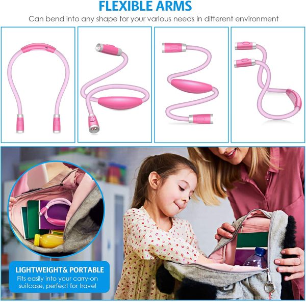 LED Neck Reading Light, Book Light for Reading in Bed, 3 Brightness Levels, Bendable Arms, Rechargeable, Long Lasting, Perfect for Reading, Knitting, Camping, Repairing (Pink)