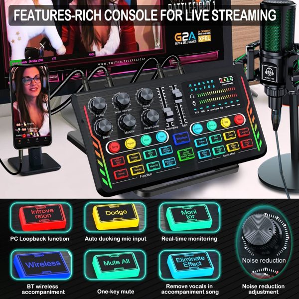 Audio Interface with Podcast Microphone and Live Sound Card,Y10 Studio Condenser Mic & V11 Sound Board/Audio Mixer/Voice Changer Podcast equipment for Guitar/Live Streaming/Recording/Gaming/YouTube (V11+Y10)