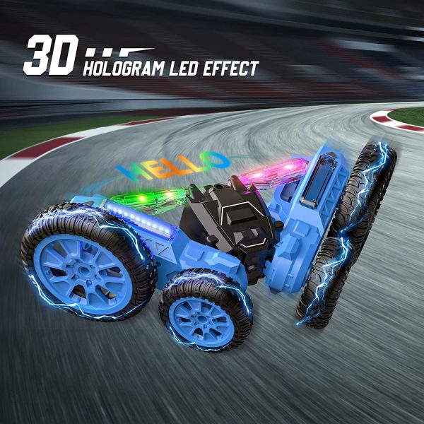 RCNOAH Remote Control Car - 2022 New Version - 3D Hologram LED RC Stunt Car 4WD Off-Road Fast Double Sided Running All Terrain RC Car for Kids 6 Years and Above, 2 Rechargeable Car Batteries & 2 USB Charging Cables - Image 3