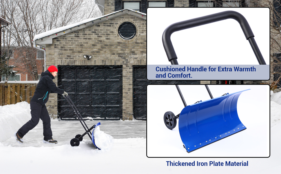 Snow Shovel with Wheels for Driveway Doorway, Ohuhu Heavy Duty Metal Snow Pusher 