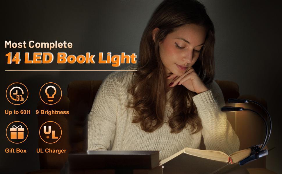 14 LED Book Light,USB Rechargeable Reading Light 1200mAh,Clip On Booklight in Bed